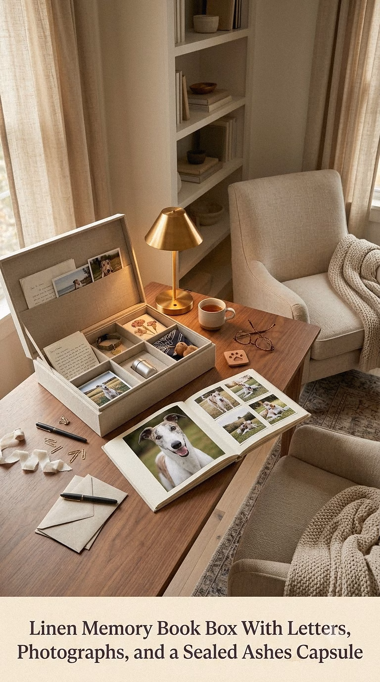 7. Linen Memory Book Box With Letters, Photographs, and a Sealed Ashes Capsule