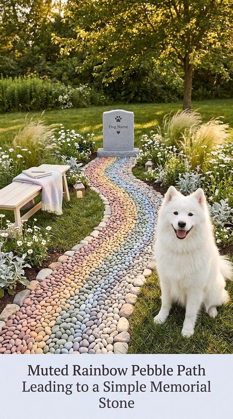 7. Muted Rainbow Pebble Path Leading to a Simple Memorial Stone