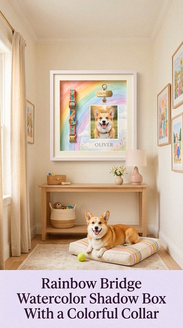 7. Rainbow Bridge Watercolor Shadow Box With a Colorful Collar