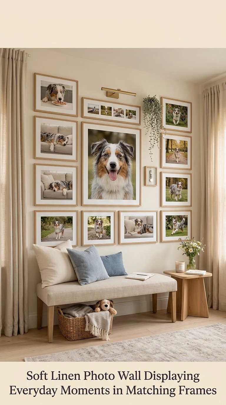 7. Soft Linen Photo Wall Displaying Everyday Moments in Matching Frames