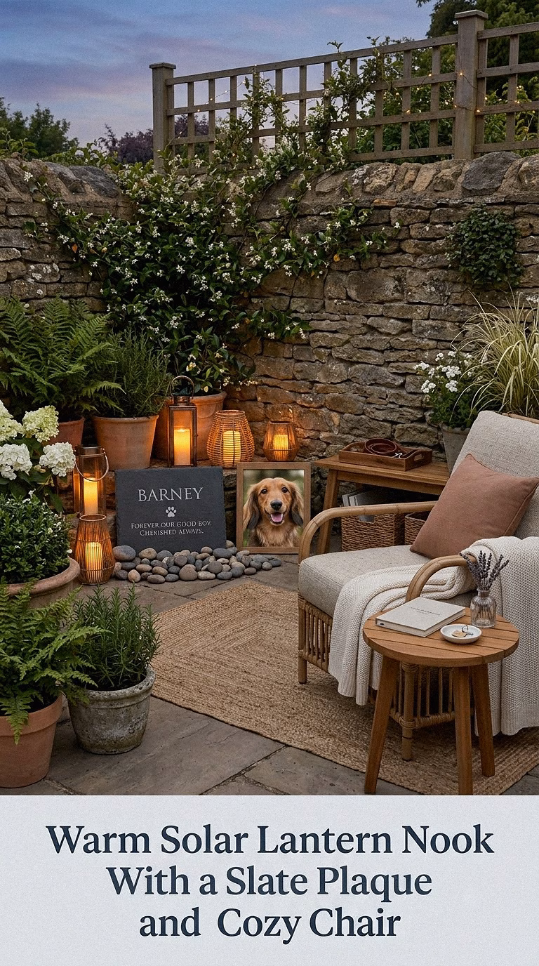 7. Warm Solar Lantern Nook With a Slate Plaque and Cozy Chair