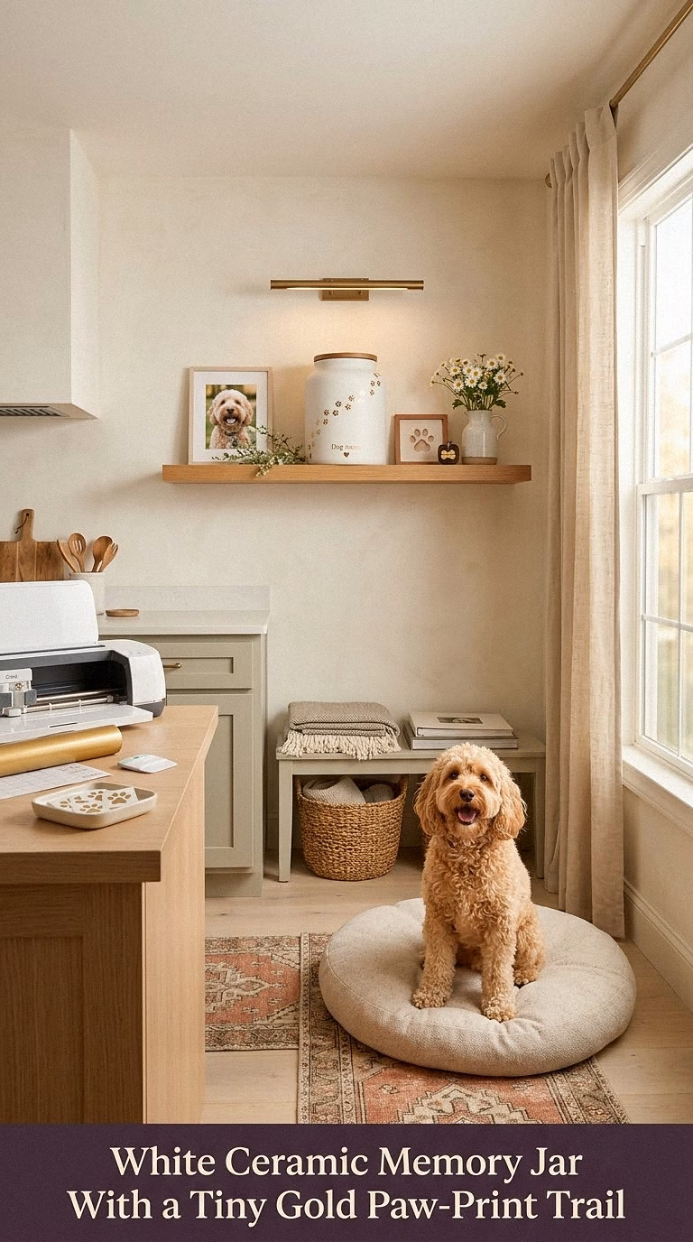 7. White Ceramic Memory Jar With a Tiny Gold Paw-Print Trail