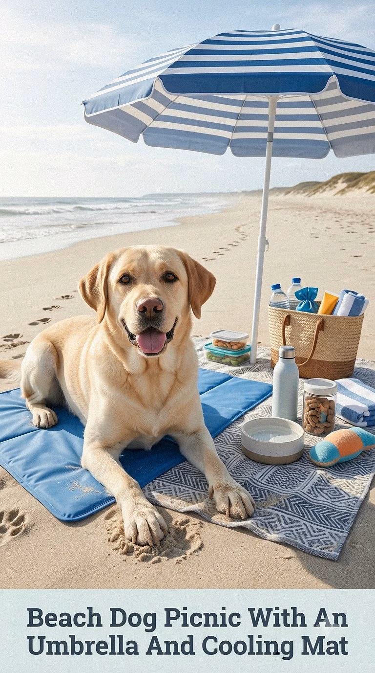 Beach Dog Picnic With An Umbrella And Cooling Mat