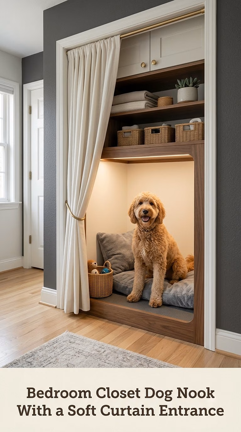 Bedroom Closet Dog Nook With a Soft Curtain Entrance