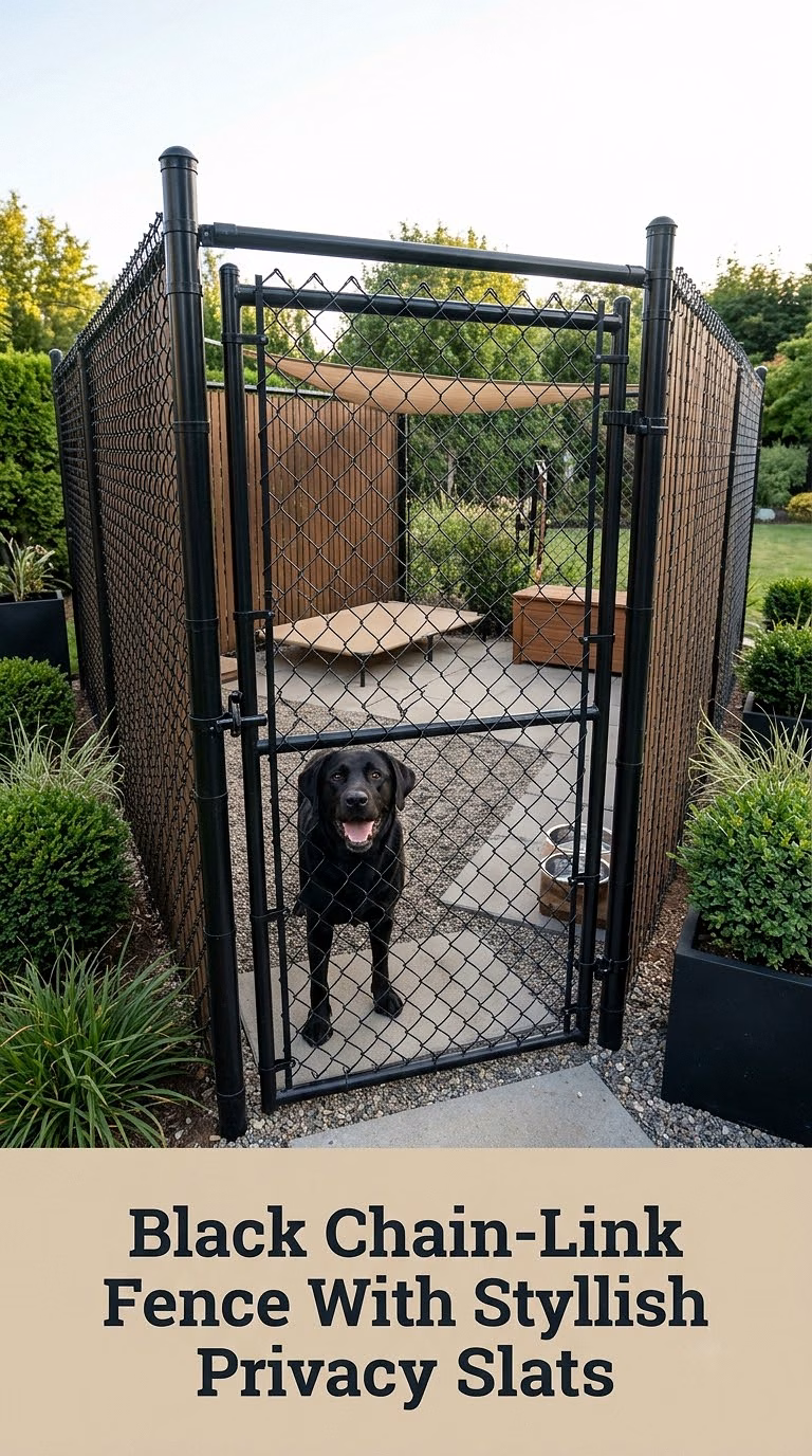 Black Chain-Link Fence With Stylish Privacy Slats