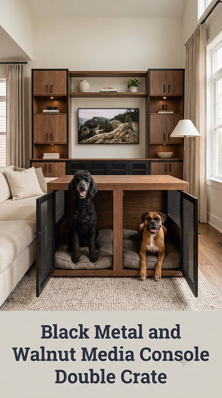 Black Metal and Walnut Media Console Double Crate
