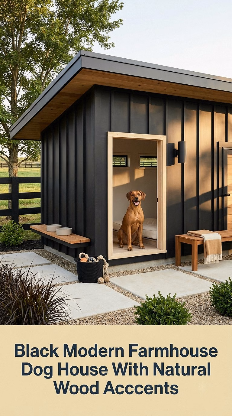 7. Black Modern Farmhouse Dog House With Natural Wood Accents