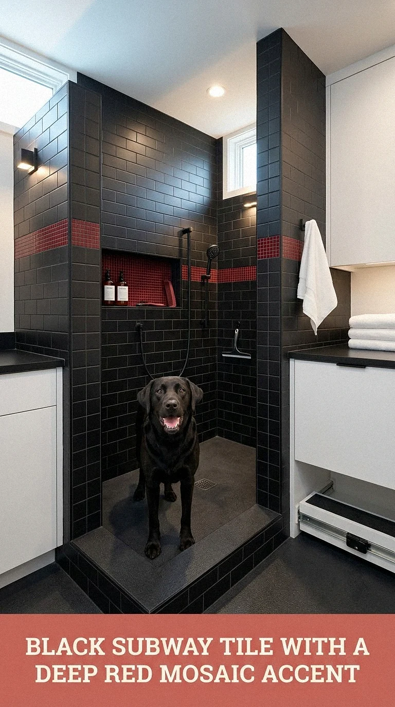 Black Subway Tile With A Deep Red Mosaic Accent