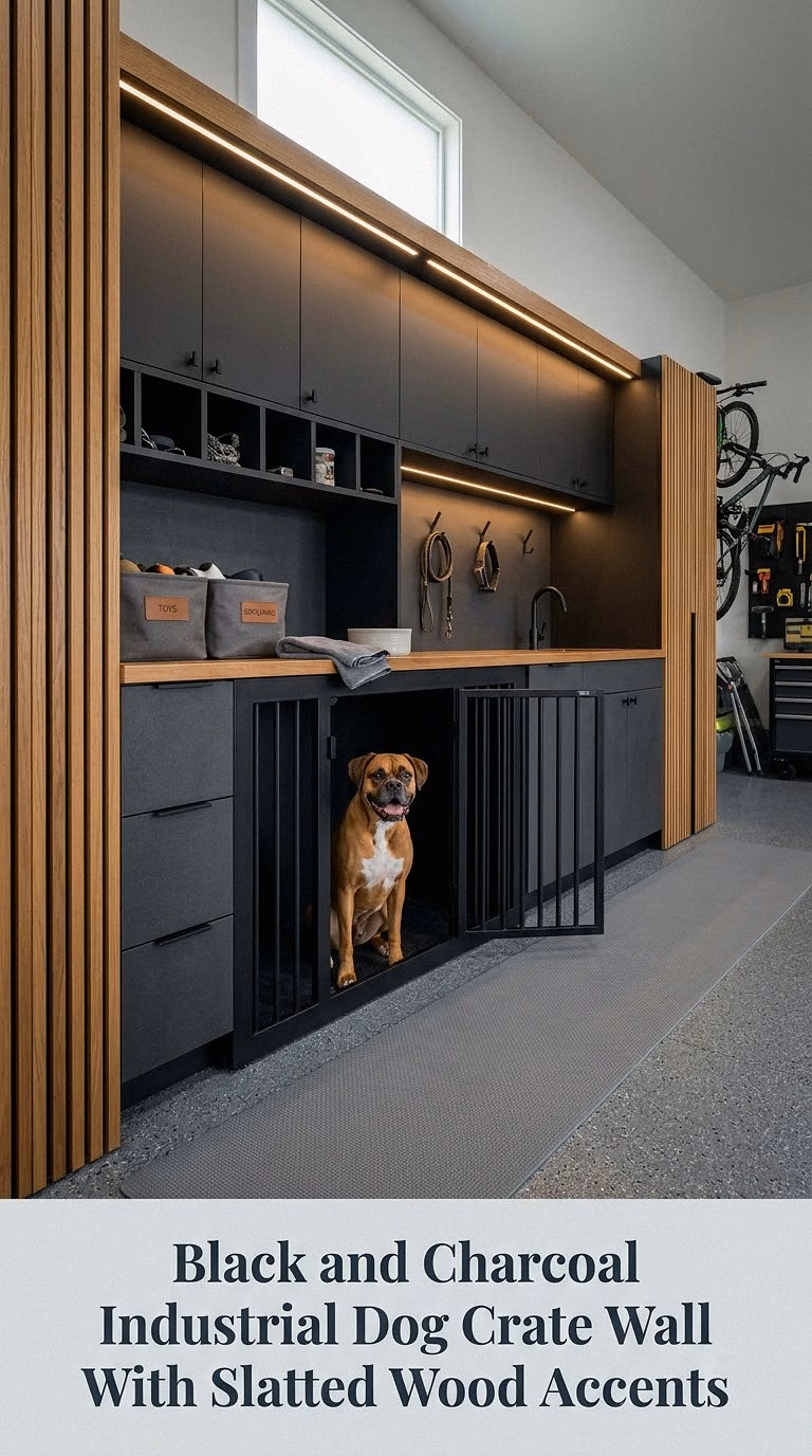 Black and Charcoal Industrial Dog Crate Wall With Slatted Wood Accents