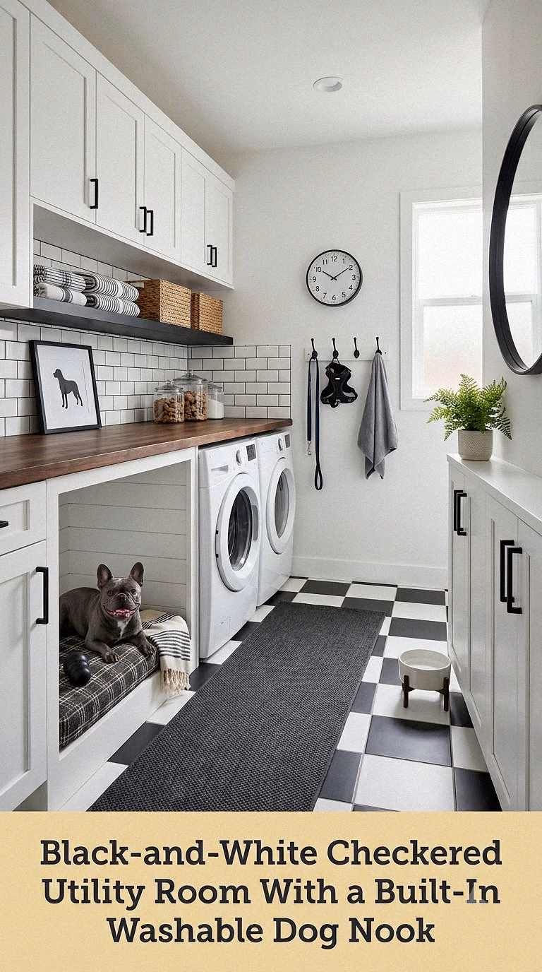 7. Black-and-White Checkered Utility Room With a Built-In Washable Dog Nook