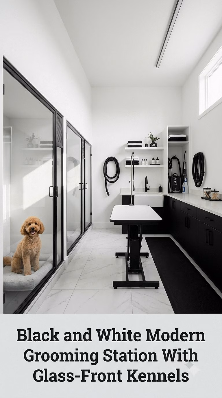 Black and White Modern Grooming Station With Glass-Front Kennels