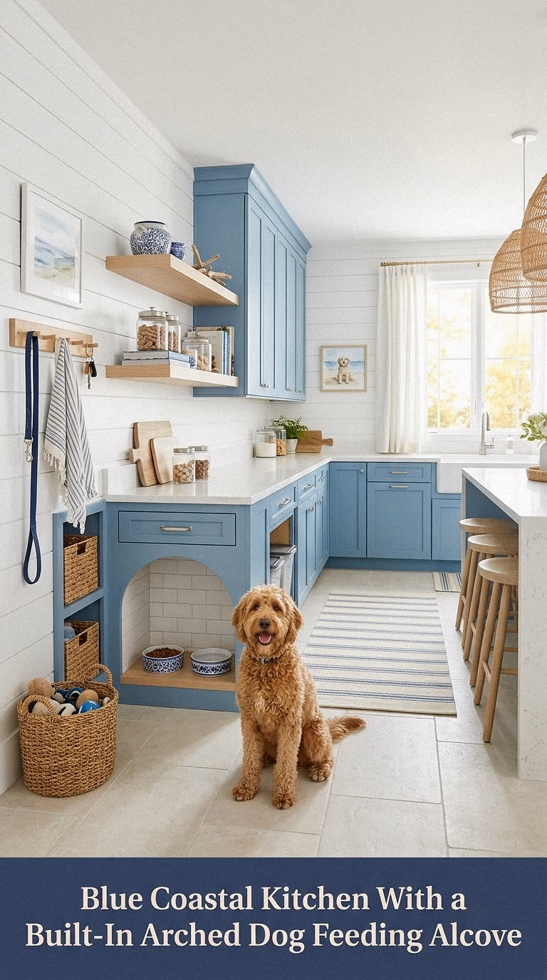 7. Blue Coastal Kitchen With a Built-In Arched Dog Feeding Alcove