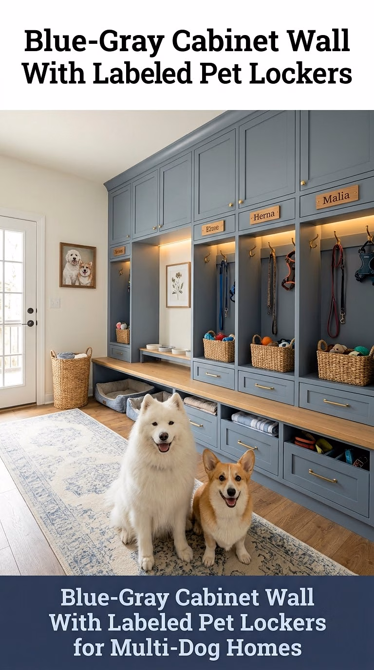 7. Blue-Gray Cabinet Wall With Labeled Pet Lockers for Multi-Dog Homes