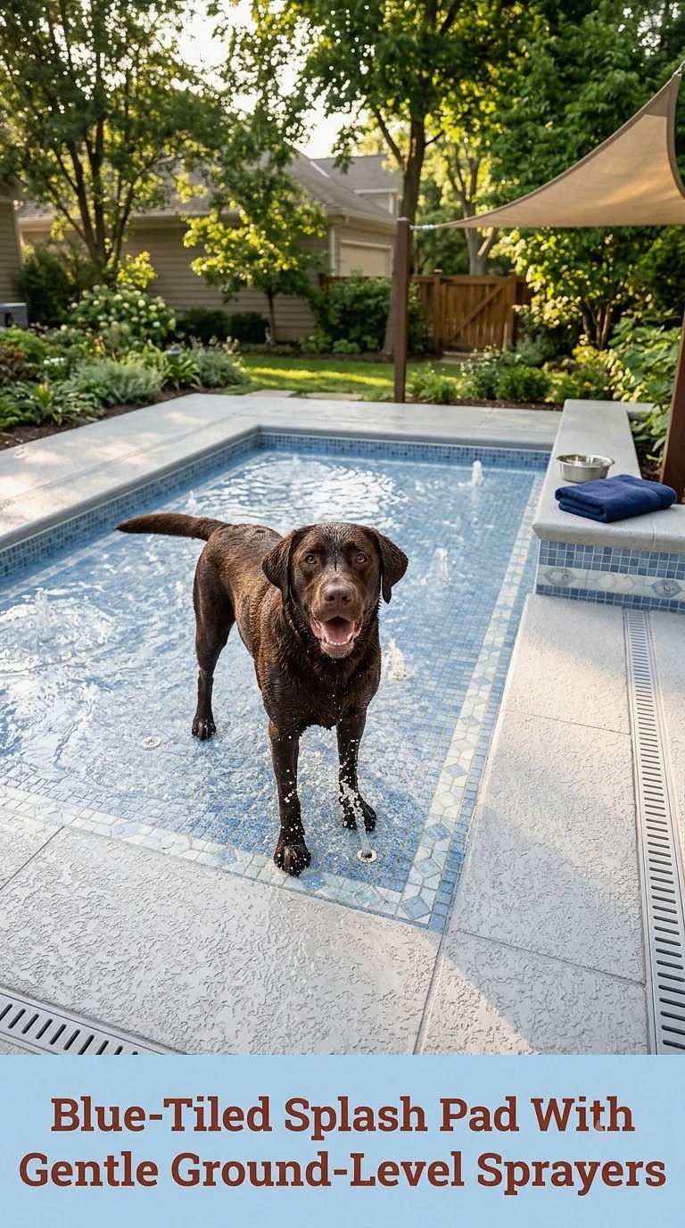 Blue-Tiled Splash Pad With Gentle Ground-Level Sprayers