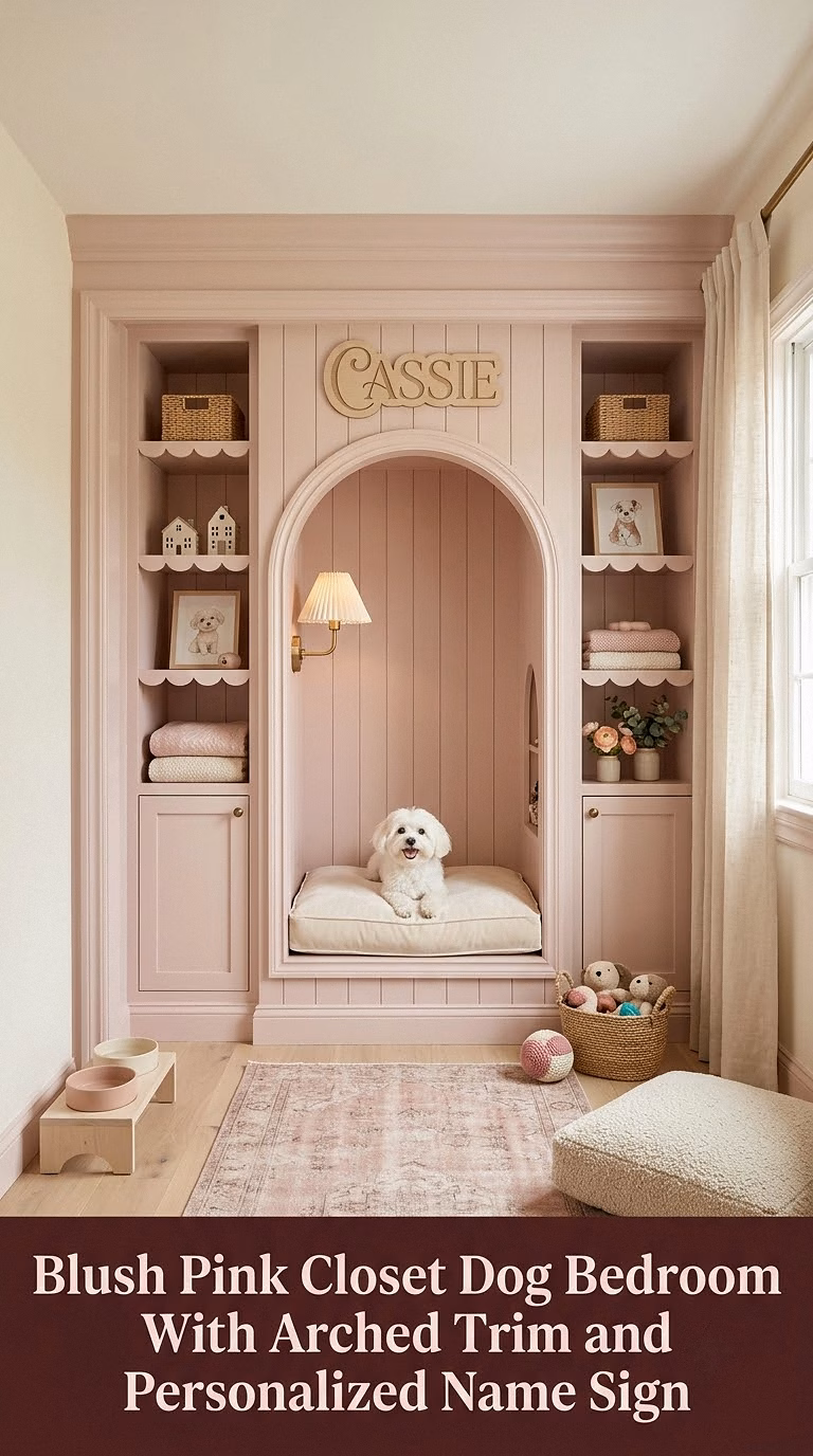 7. Blush Pink Closet Dog Bedroom With Arched Trim and Personalized Name Sign