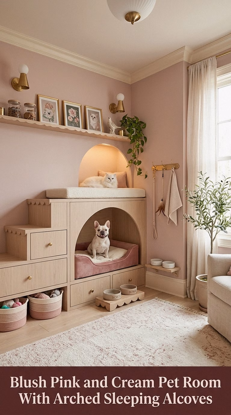 7. Blush Pink and Cream Pet Room With Arched Sleeping Alcoves
