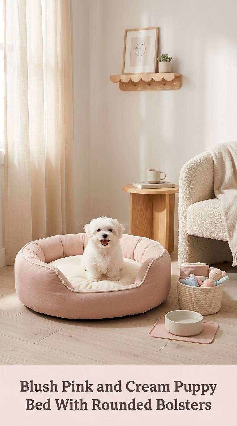 Blush Pink and Cream Puppy Bed With Rounded Bolsters