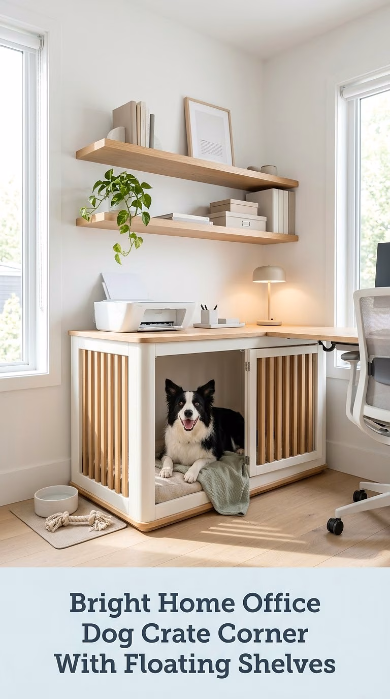 Bright Home Office Dog Crate Corner With Floating Shelves