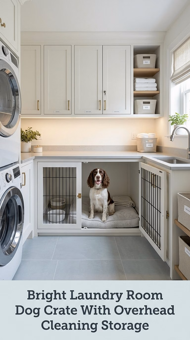 Bright Laundry Room Dog Crate With Overhead Cleaning Storage