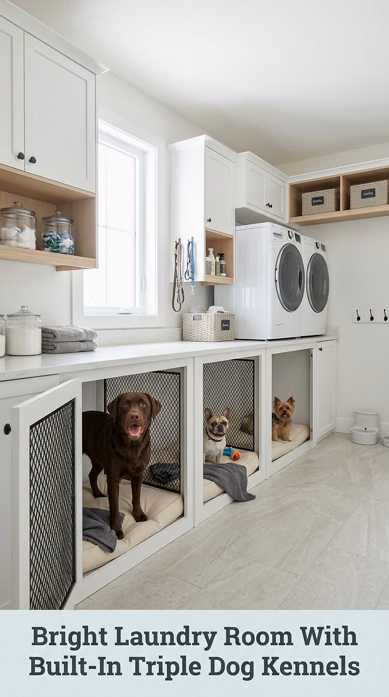 Bright Laundry Room With Built-In Triple Dog Kennels