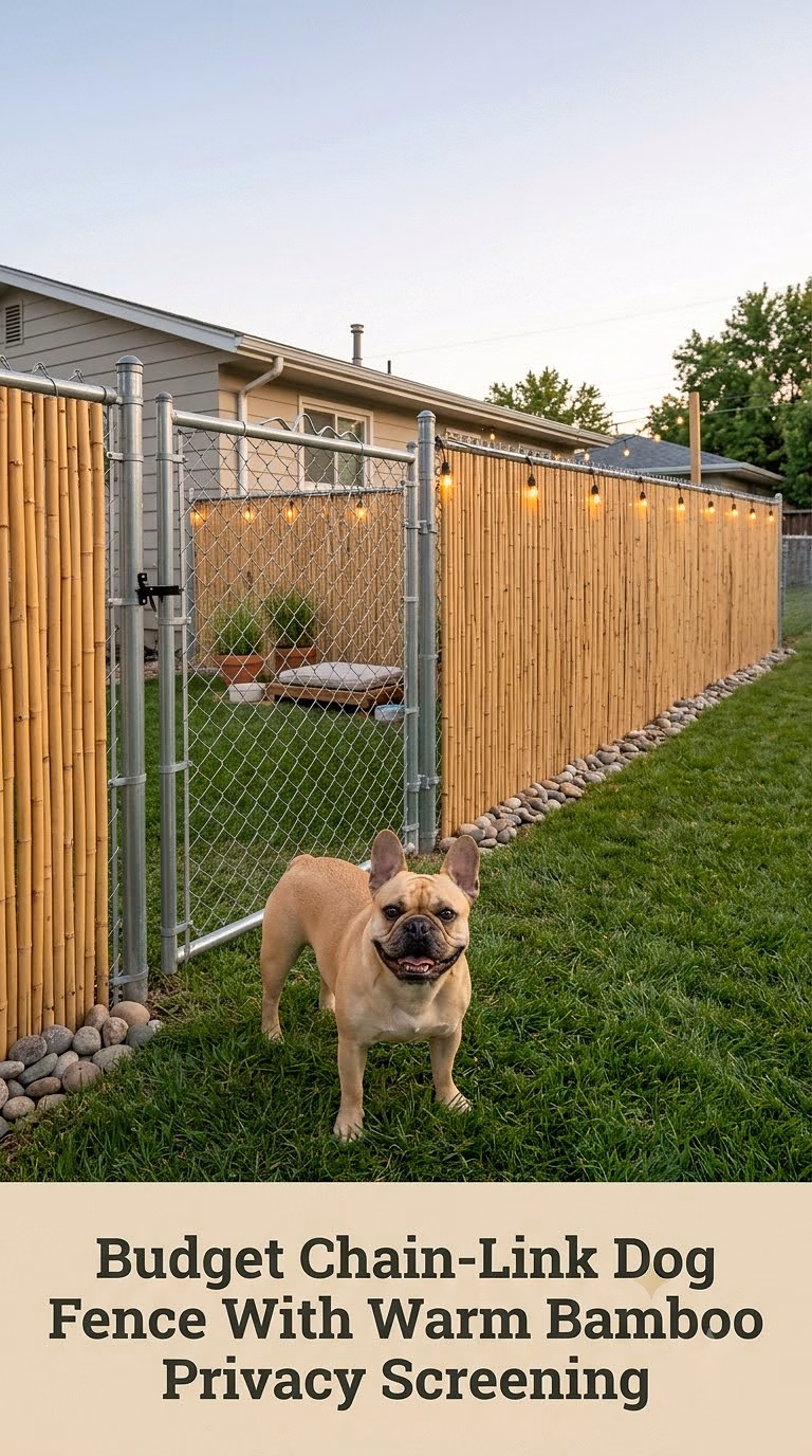 Budget Chain-Link Dog Fence With Warm Bamboo Privacy Screening