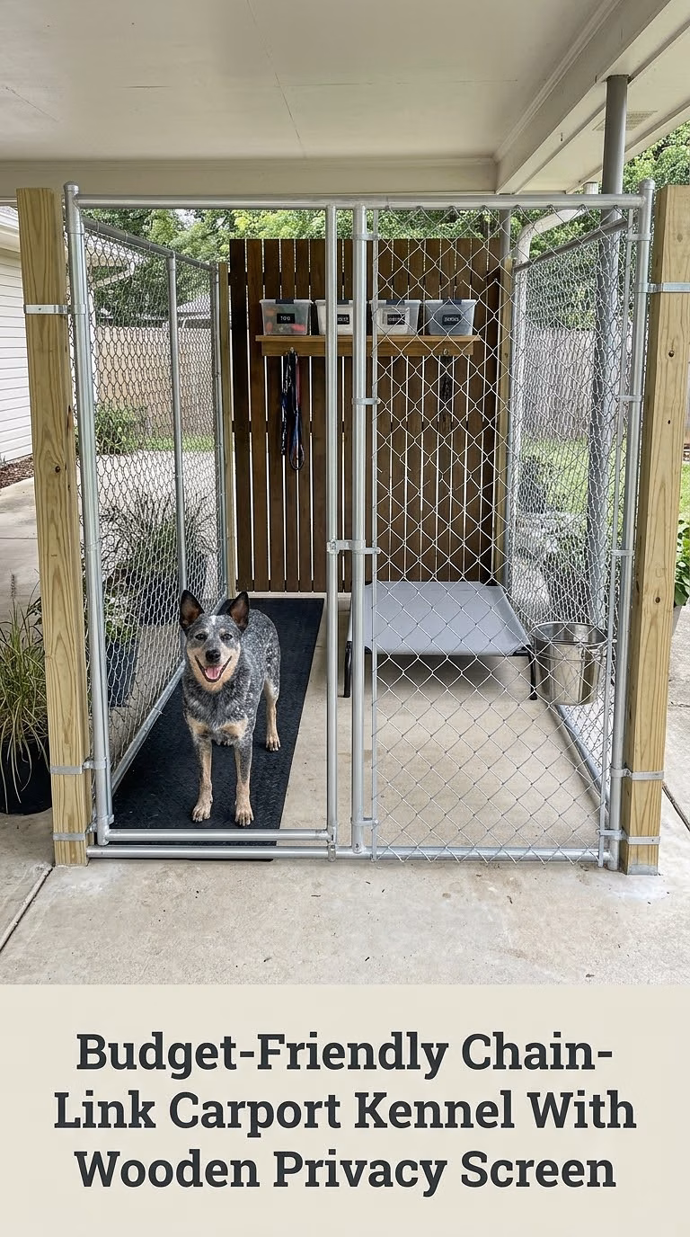 Budget-Friendly Chain-Link Carport Kennel With Wooden Privacy Screen
