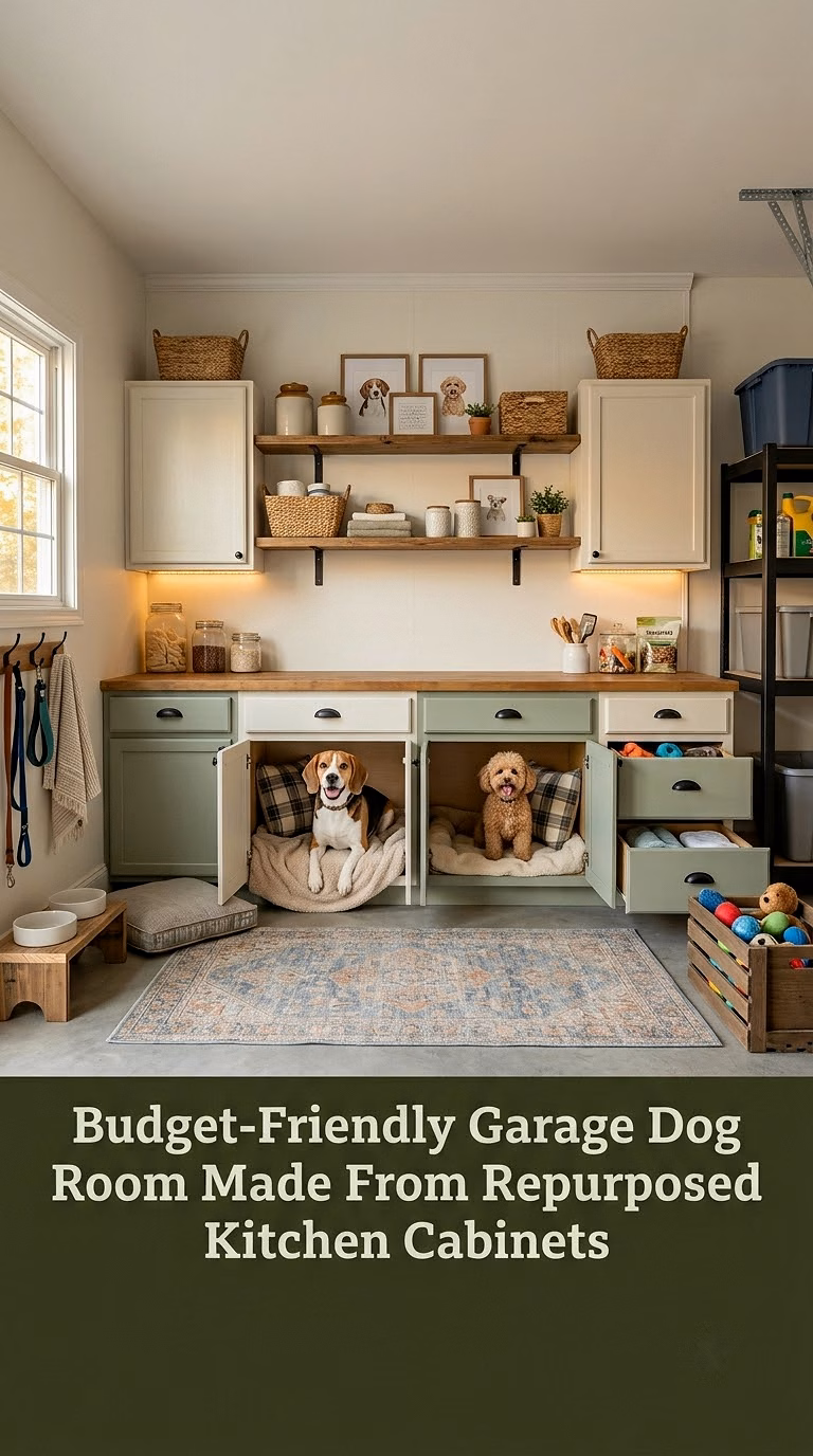 7. Budget-Friendly Garage Dog Room Made From Repurposed Kitchen Cabinets