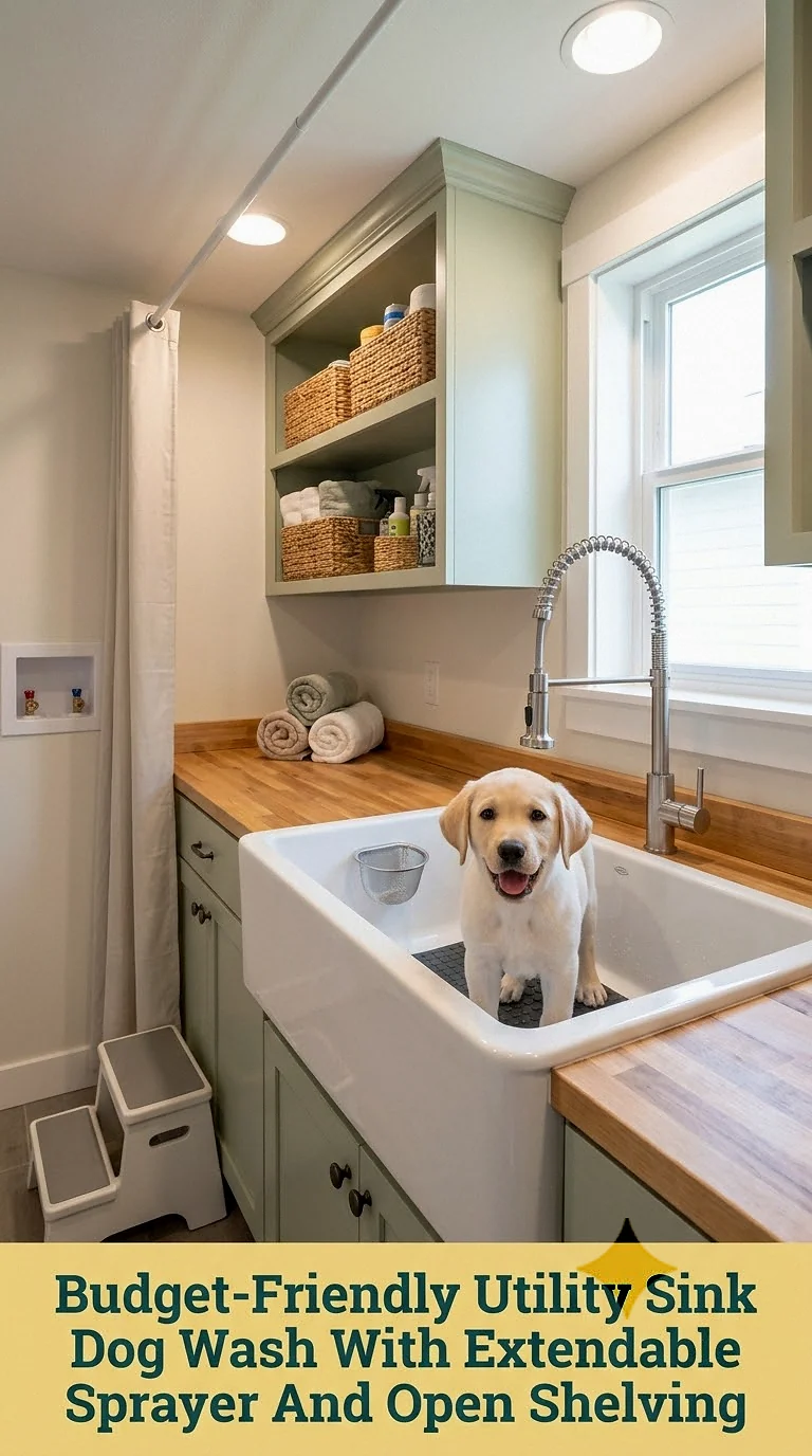 Budget-Friendly Utility Sink Dog Wash With Extendable Sprayer And Open Shelving