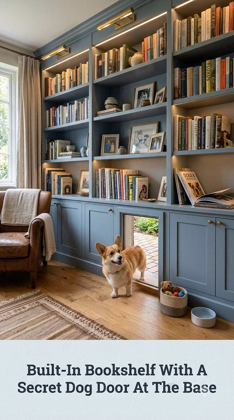 Built-In Bookshelf With A Secret Dog Door At The Base