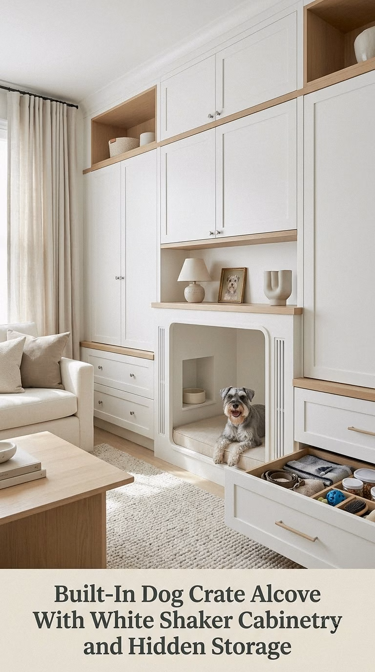 Built-In Dog Crate Alcove With White Shaker Cabinetry and Hidden Storage