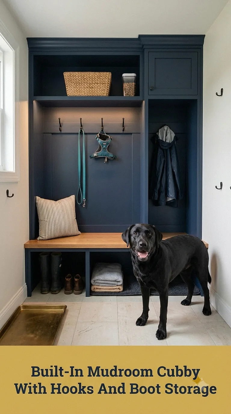 Built-In Mudroom Cubby With Hooks And Boot Storage