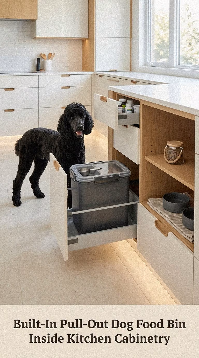 Built-In Pull-Out Dog Food Bin Inside Kitchen Cabinetry