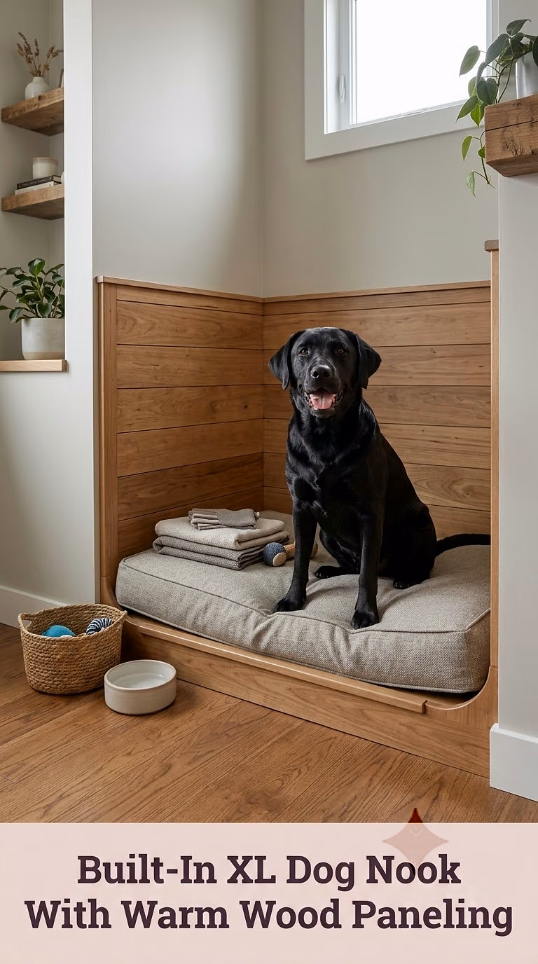 Built-In XL Dog Nook With Warm Wood Paneling