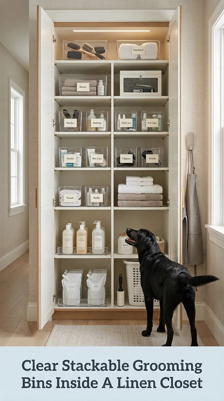 Clear Stackable Grooming Bins Inside A Linen Closet