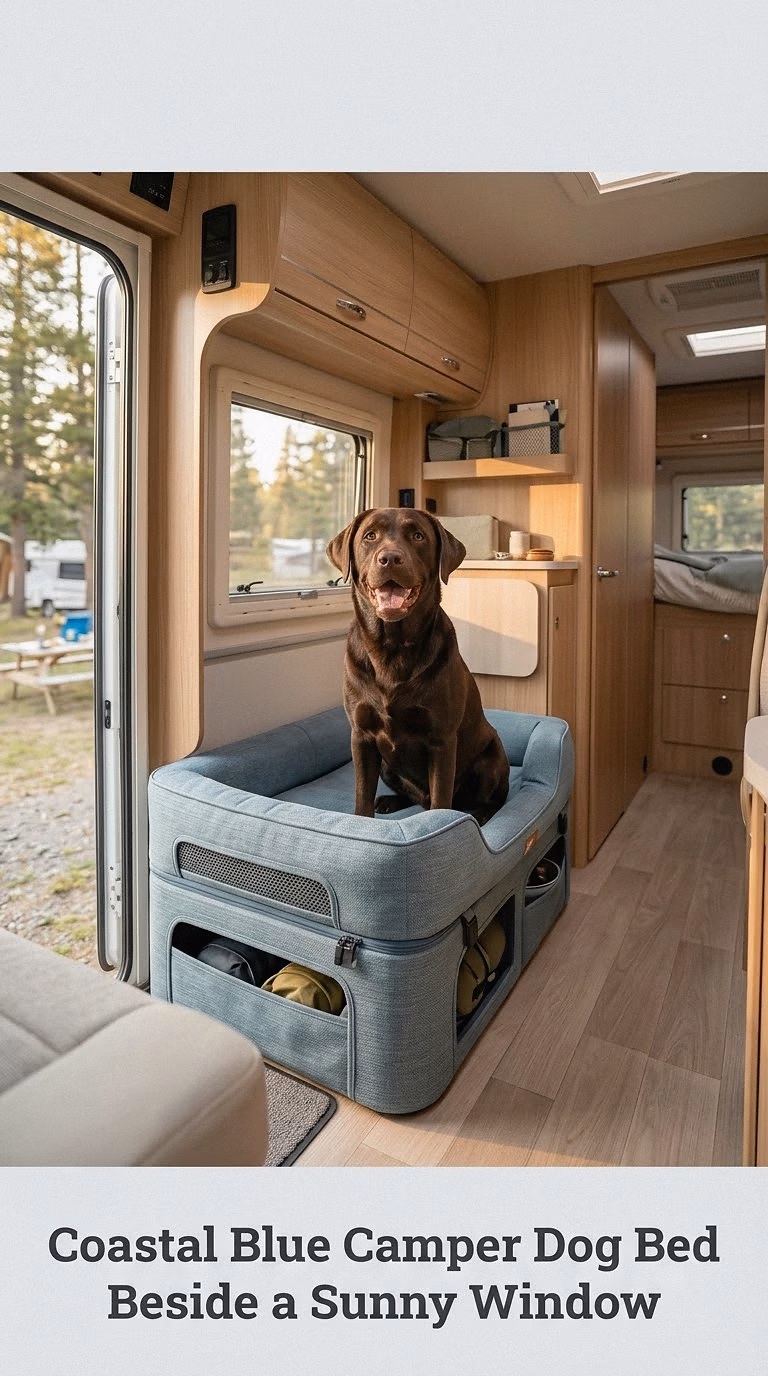 Coastal Blue Camper Dog Bed Beside a Sunny Window