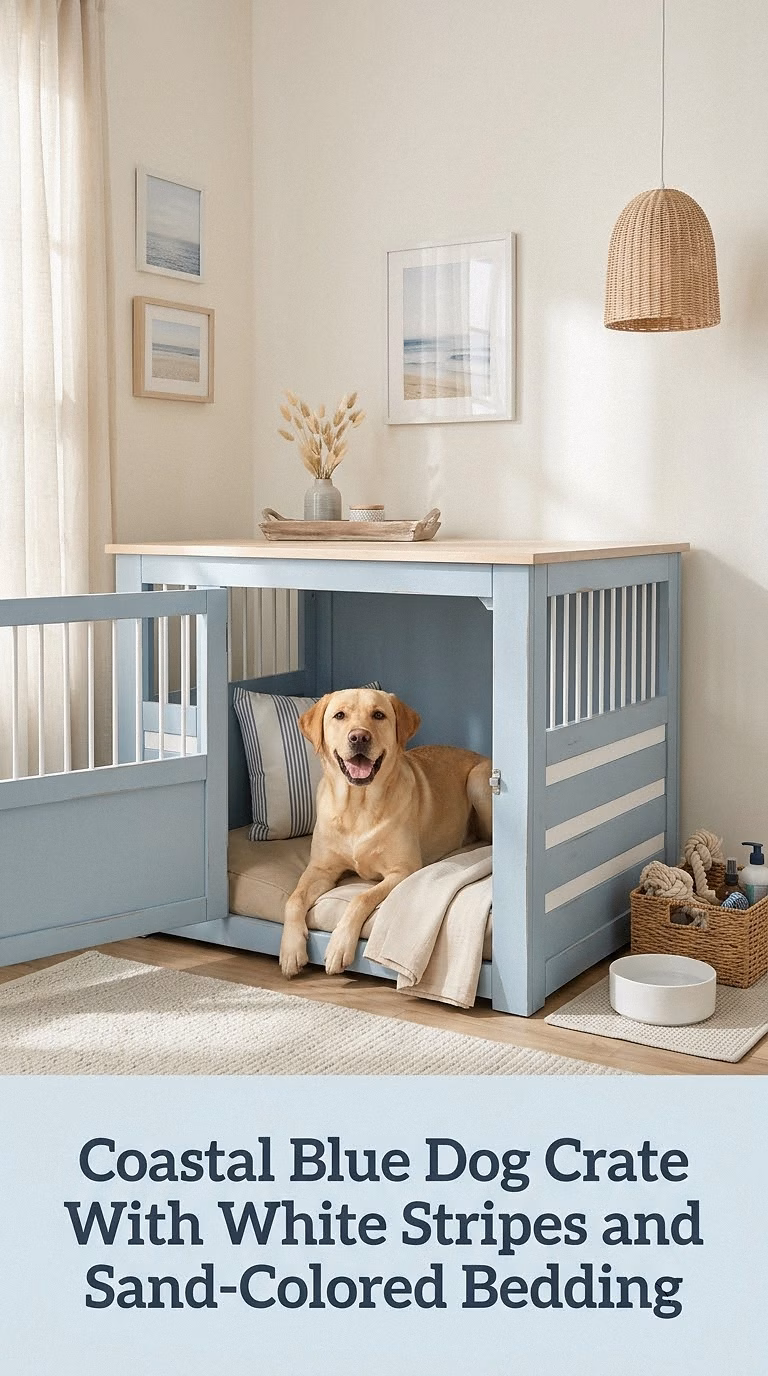 Coastal Blue Dog Crate With White Stripes and Sand-Colored Bedding