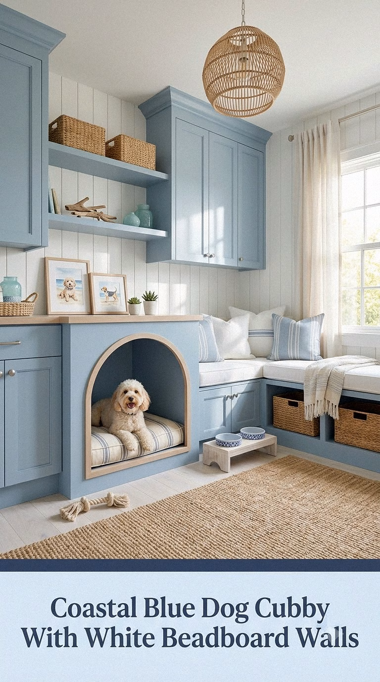 7. Coastal Blue Dog Cubby With White Beadboard Walls