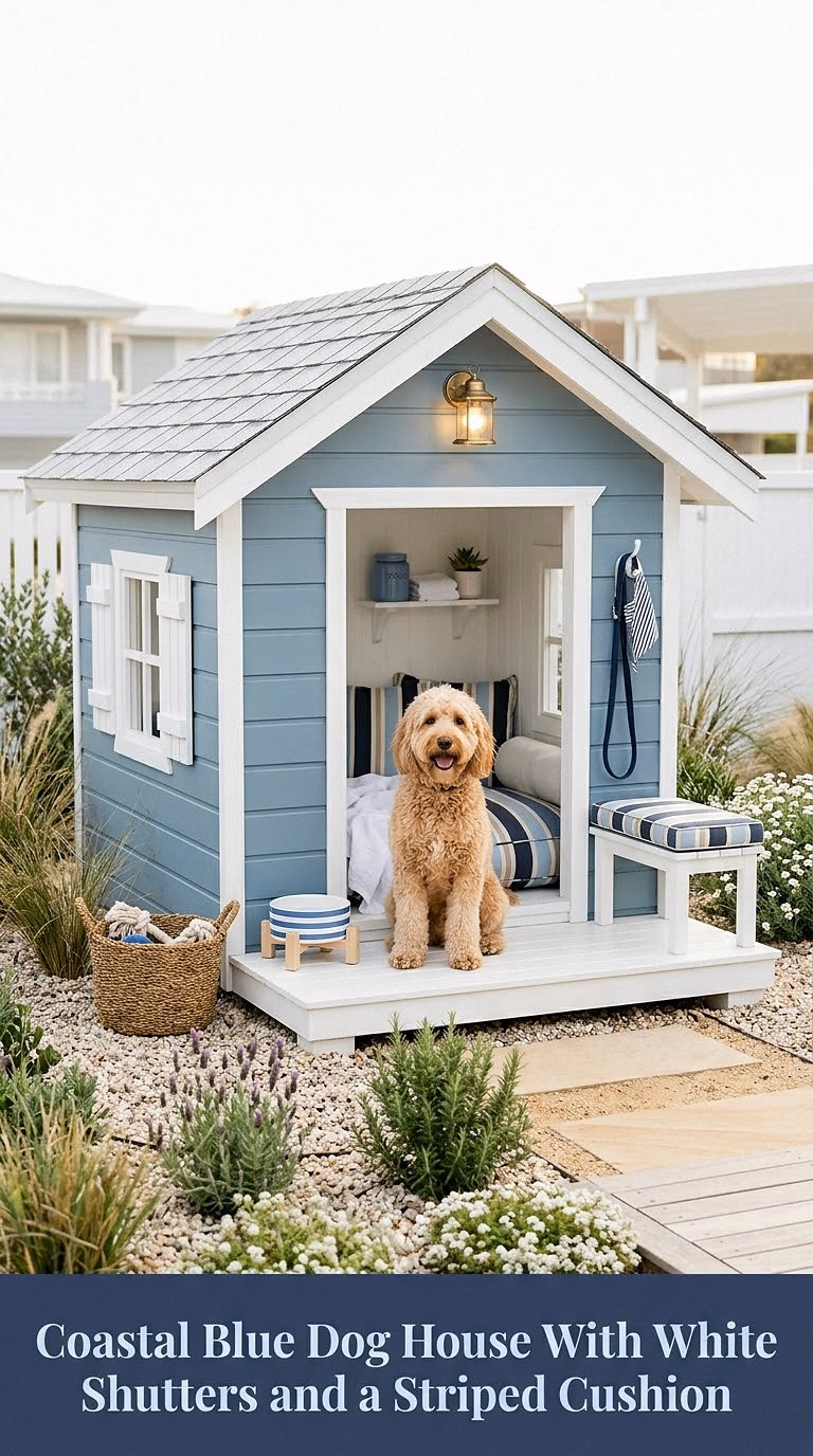 7. Coastal Blue Dog House With White Shutters and a Striped Cushion