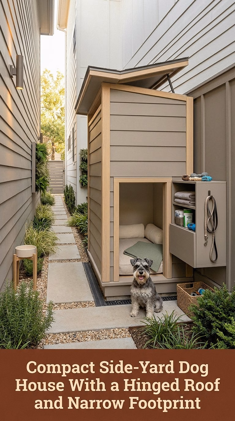 Compact Side-Yard Dog House With a Hinged Roof and Narrow Footprint