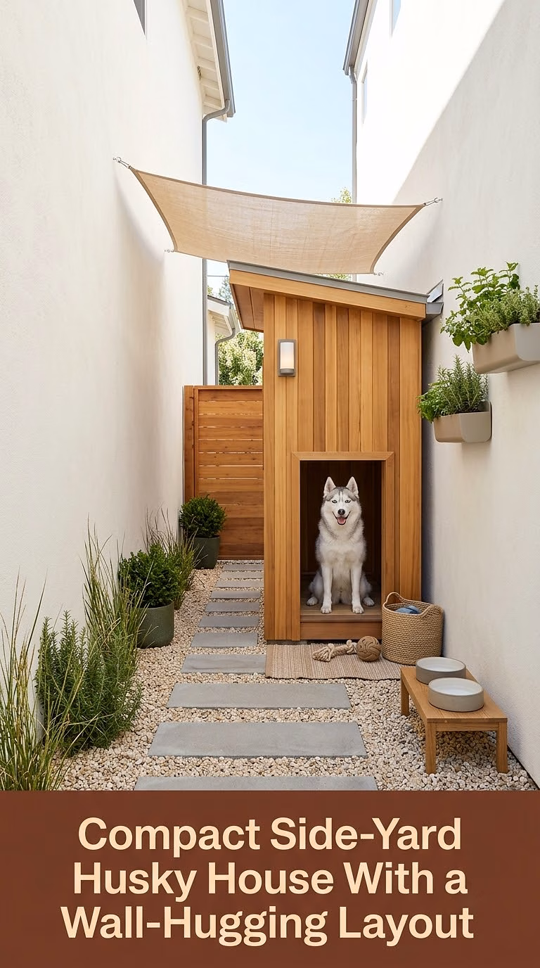 7. Compact Side-Yard Husky House With a Wall-Hugging Layout