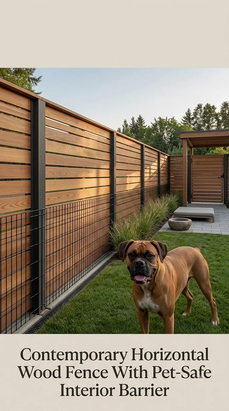 Contemporary Horizontal Wood Fence With Pet-Safe Interior Barrier