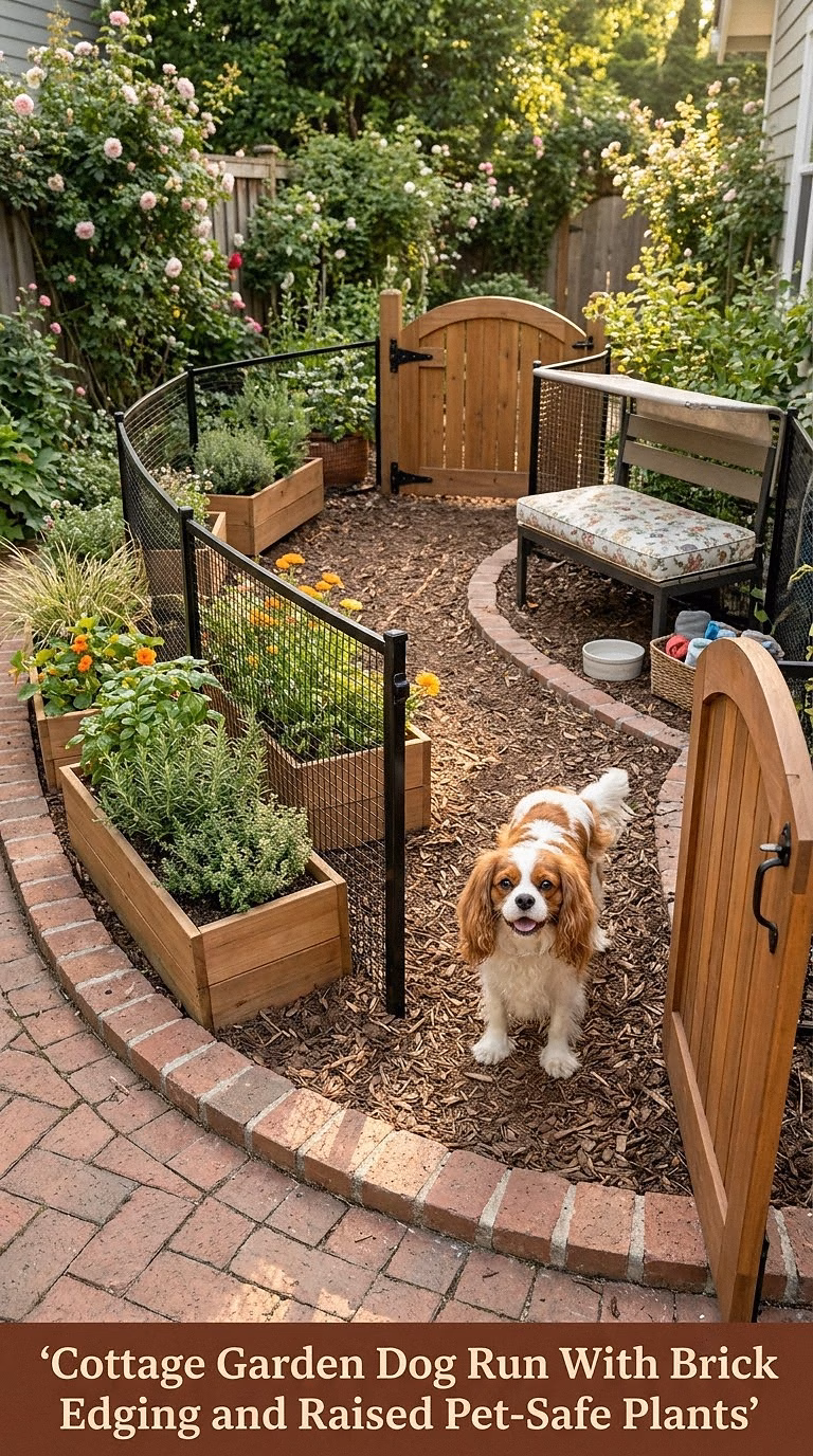 Cottage Garden Dog Run With Brick Edging and Raised Pet-Safe Plants