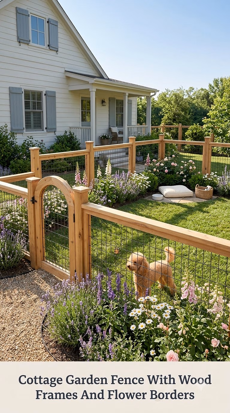 Cottage Garden Fence With Wood Frames And Flower Borders
