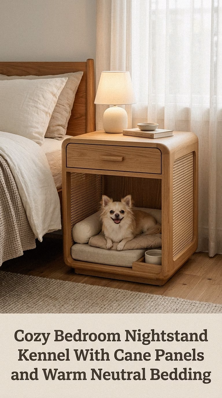 Cozy Bedroom Nightstand Kennel With Cane Panels and Warm Neutral Bedding