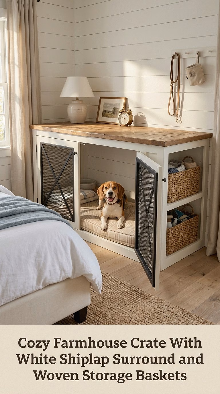 Cozy Farmhouse Crate With White Shiplap Surround and Woven Storage Baskets
