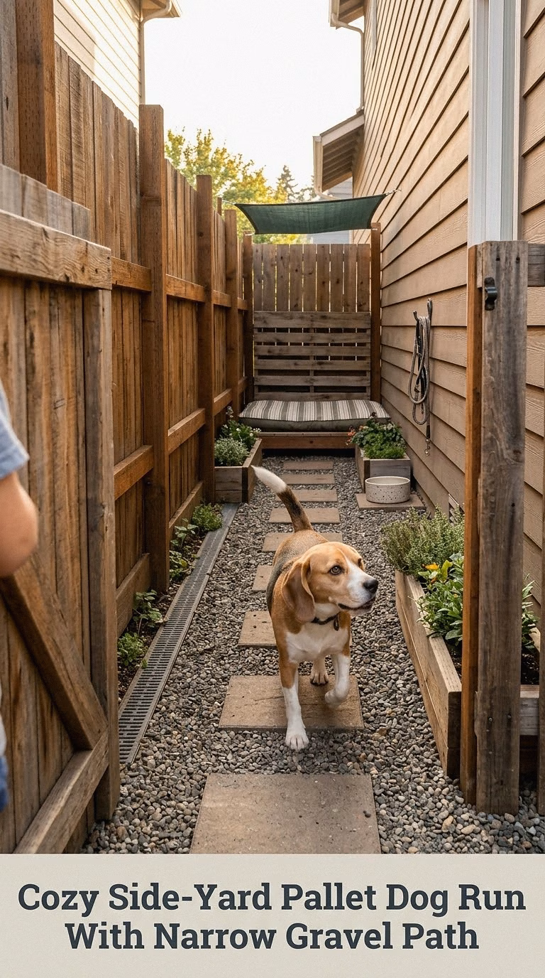 Cozy Side-Yard Pallet Dog Run With Narrow Gravel Path