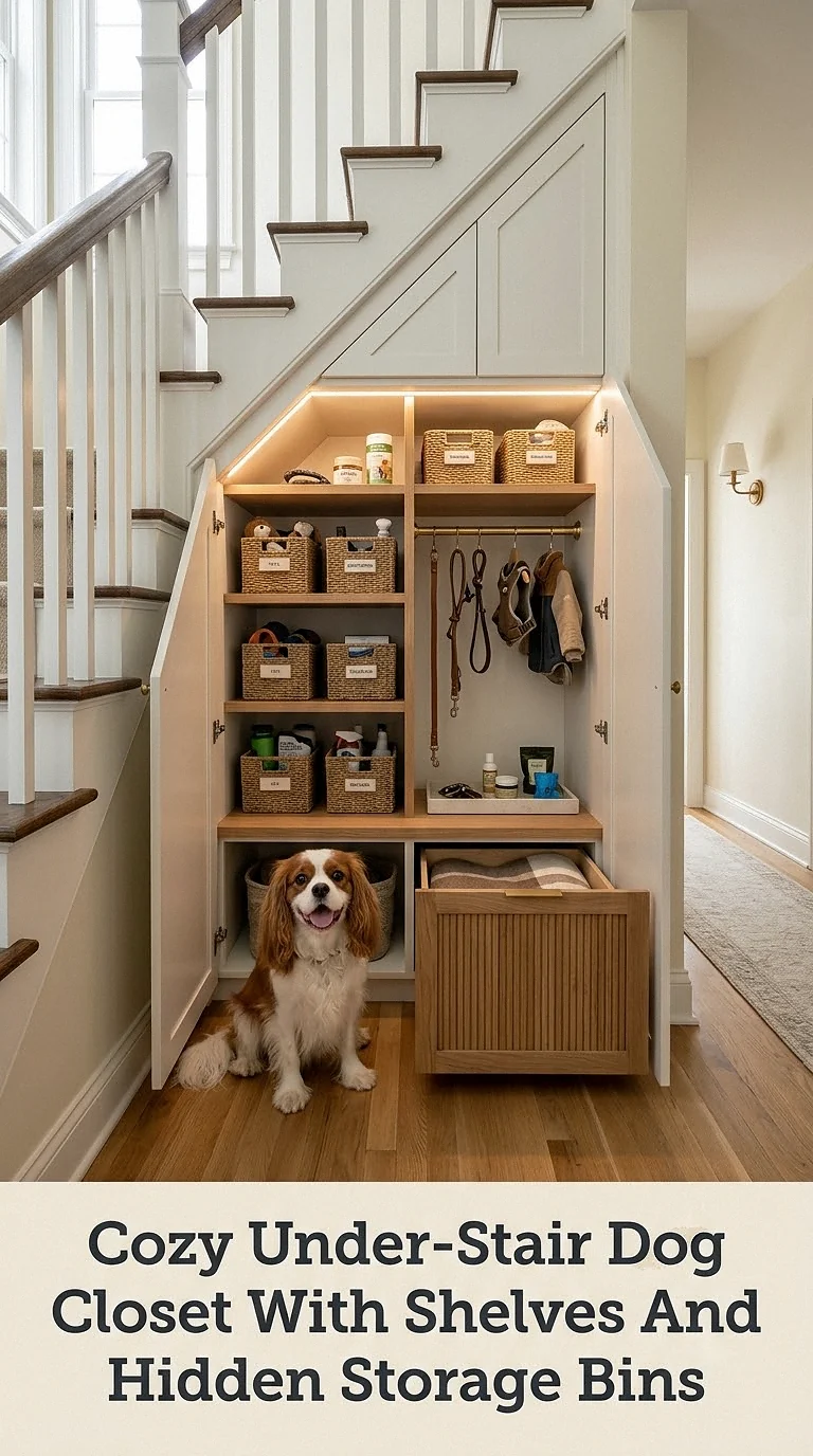 Cozy Under-Stair Dog Closet With Shelves And Hidden Storage Bins