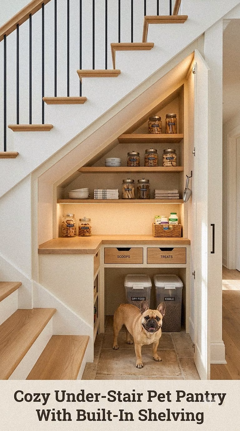Cozy Under-Stair Pet Pantry With Built-In Shelving