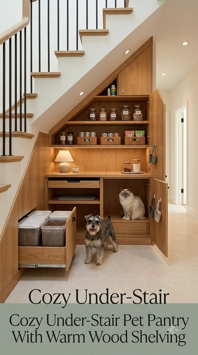 Cozy Under-Stair Pet Pantry With Warm Wood Shelving
