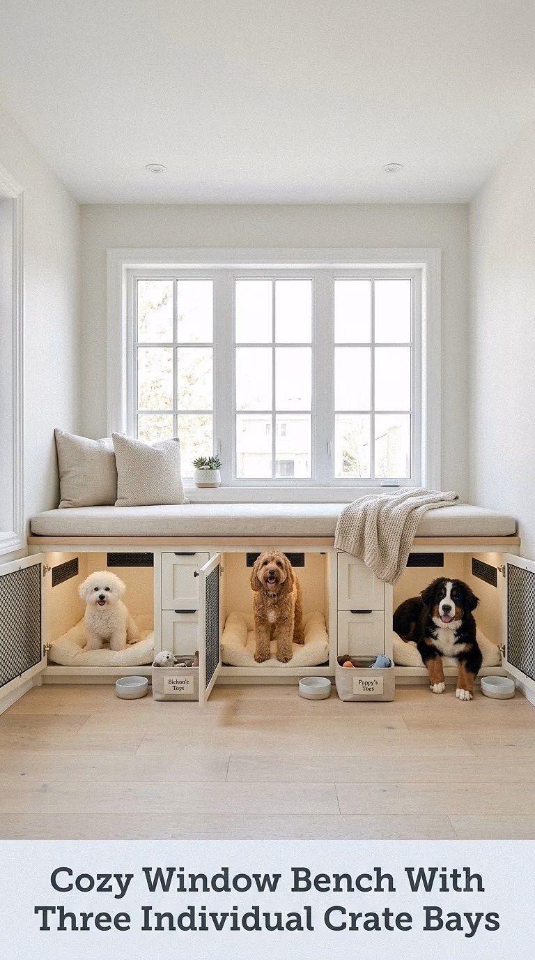 Cozy Window Bench With Three Individual Crate Bays
